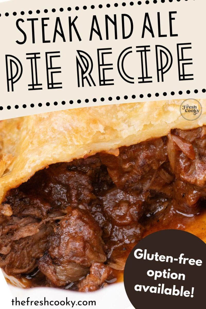 Side view of pie slice shows steak and sauce filling up close, to pin.
