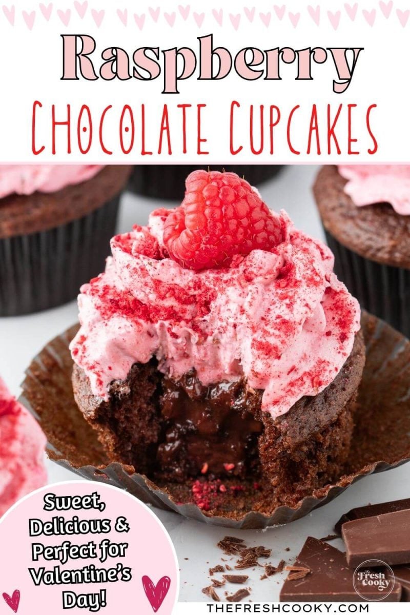 A heavily pink frosted cupcake has bite out of chocolate cake part to show gooey middle, to pin.