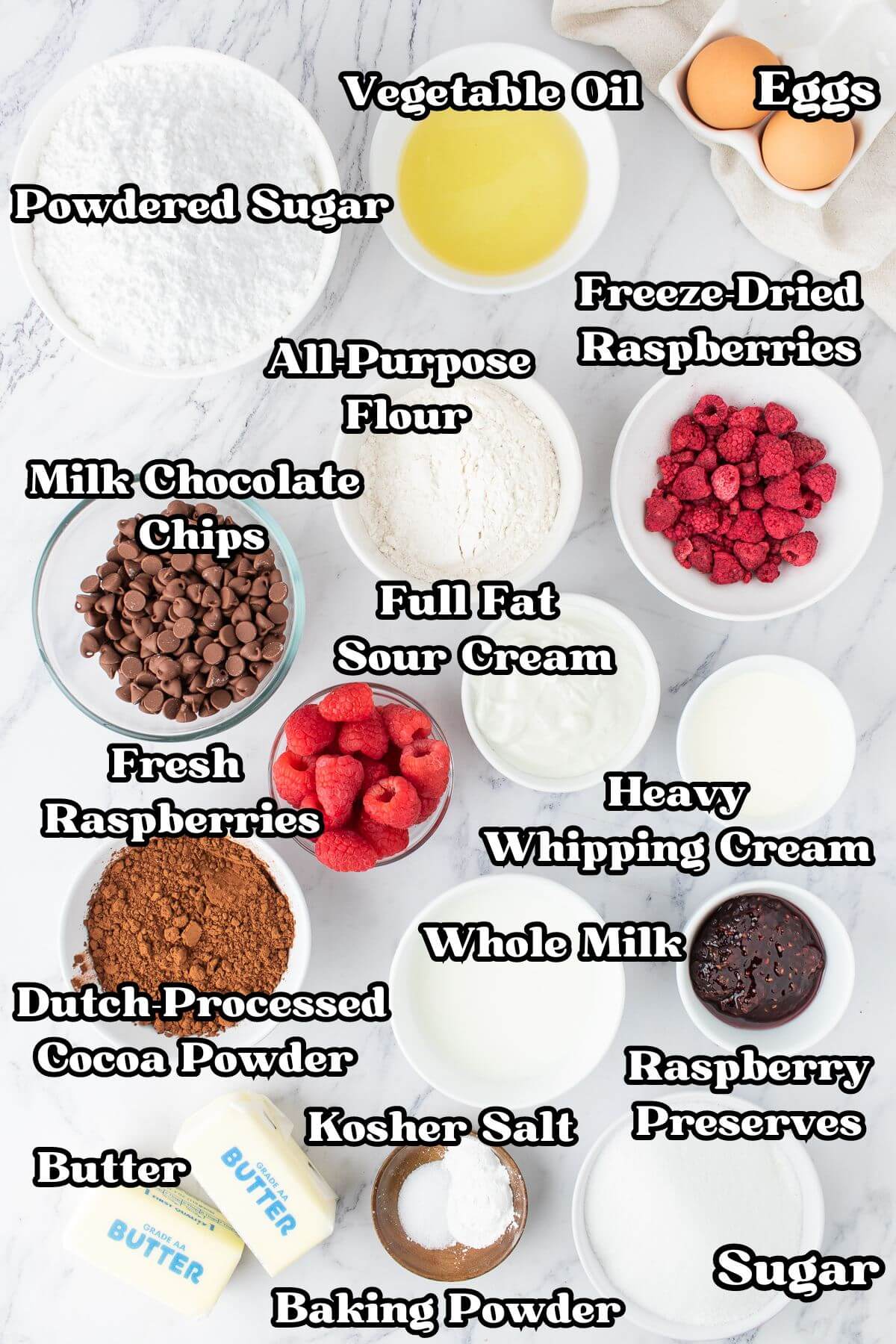 Raspberry Chocolate Cupcakes labeled ingredients.