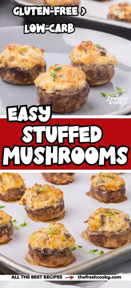 Sausage and cream cheese stuffed mushrooms on a tray, to pin.