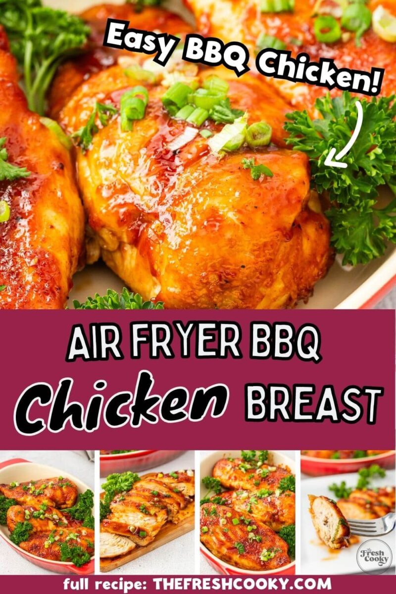 Barbecue coated chicken is served with green onion garnish and broccoli on plates and baking dish, to pin.