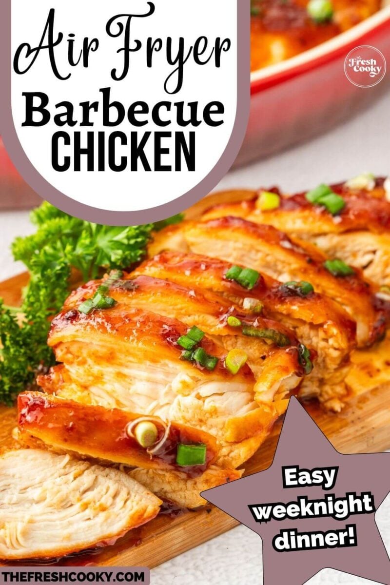 Slices of tender chicken are neatly arranged in a row showing juicy inside, to pin.