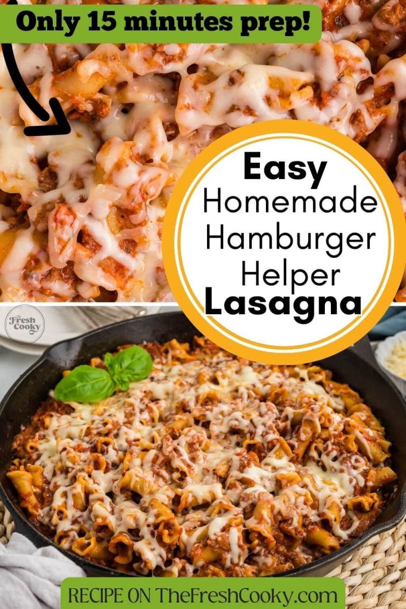 A pan full of cheese topped meaty, tomato lasagna noodles is shown zoomed up close too, to pin.