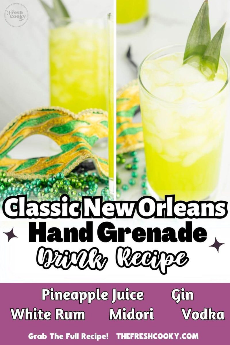 Bright yellow drinks with ice are next to Mardi Gras masks and beads, to pin.
