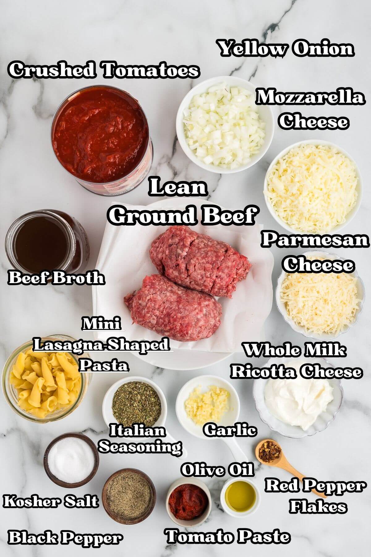 Homemade Hamburger Helper Lasagna labeled ingredients.