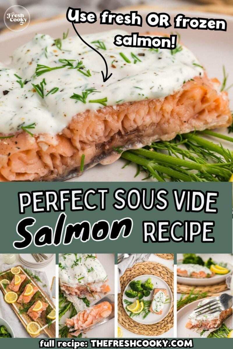 Tender salmon is covered in white sauce and garnished with dill, lemons, and broccoli, to pin.