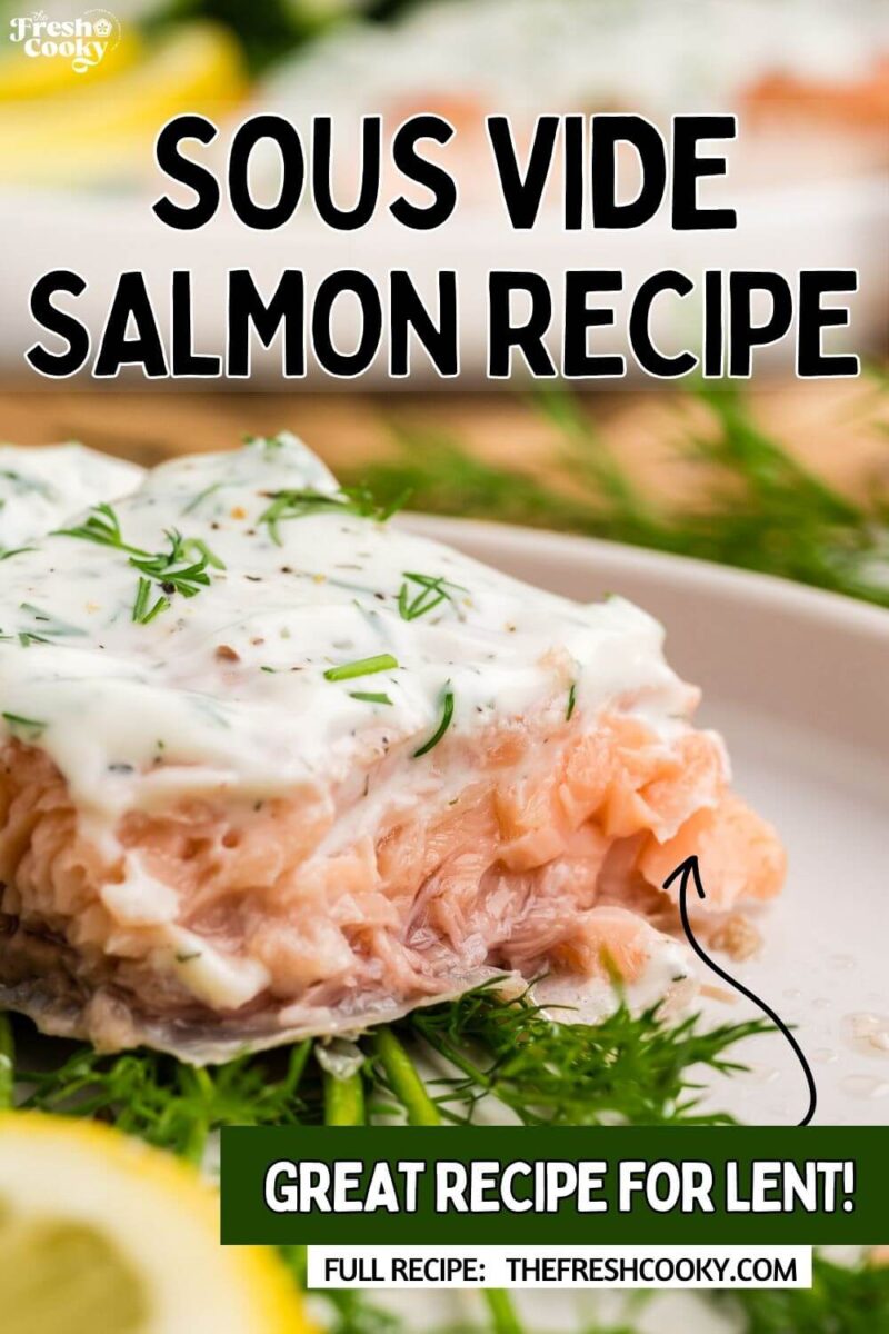 Tender chunks of salmon meat are coated in white dill sauce and garnished with greens, to pin.
