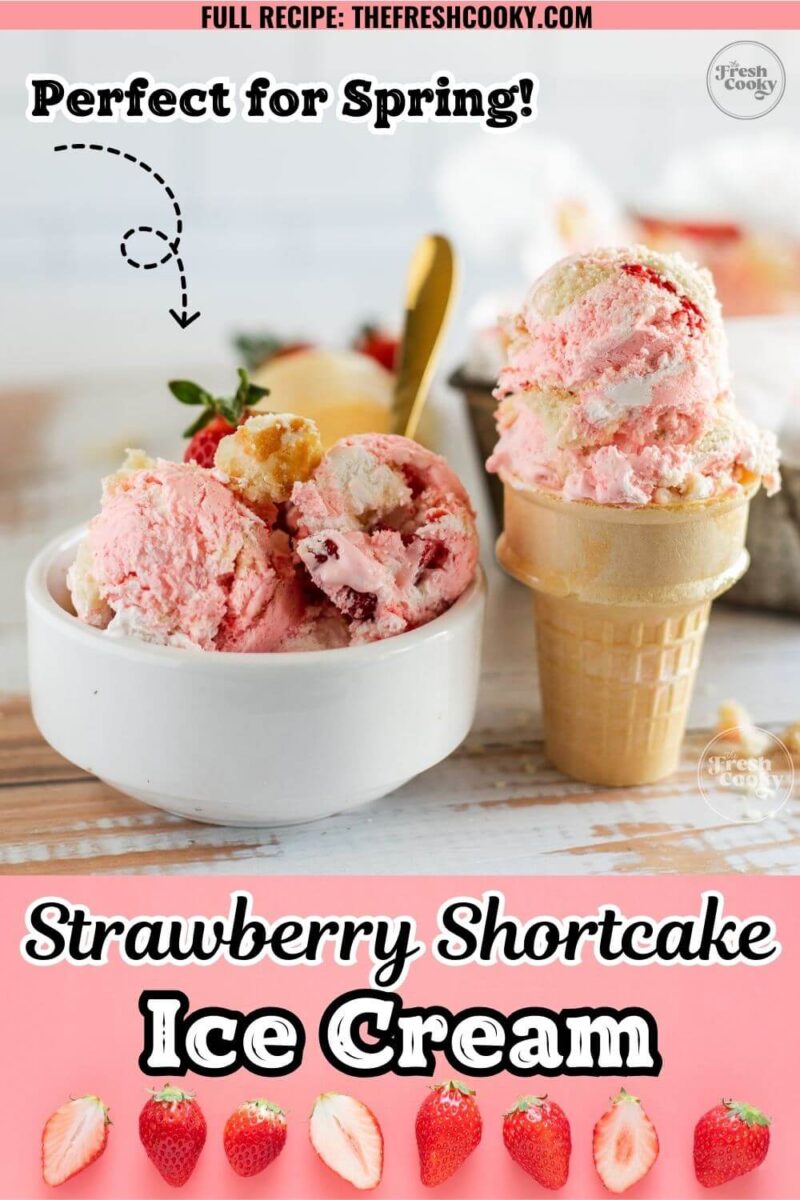 Pink ice cream with strawberry chunks fills a white bowl and a cone, to pin.
