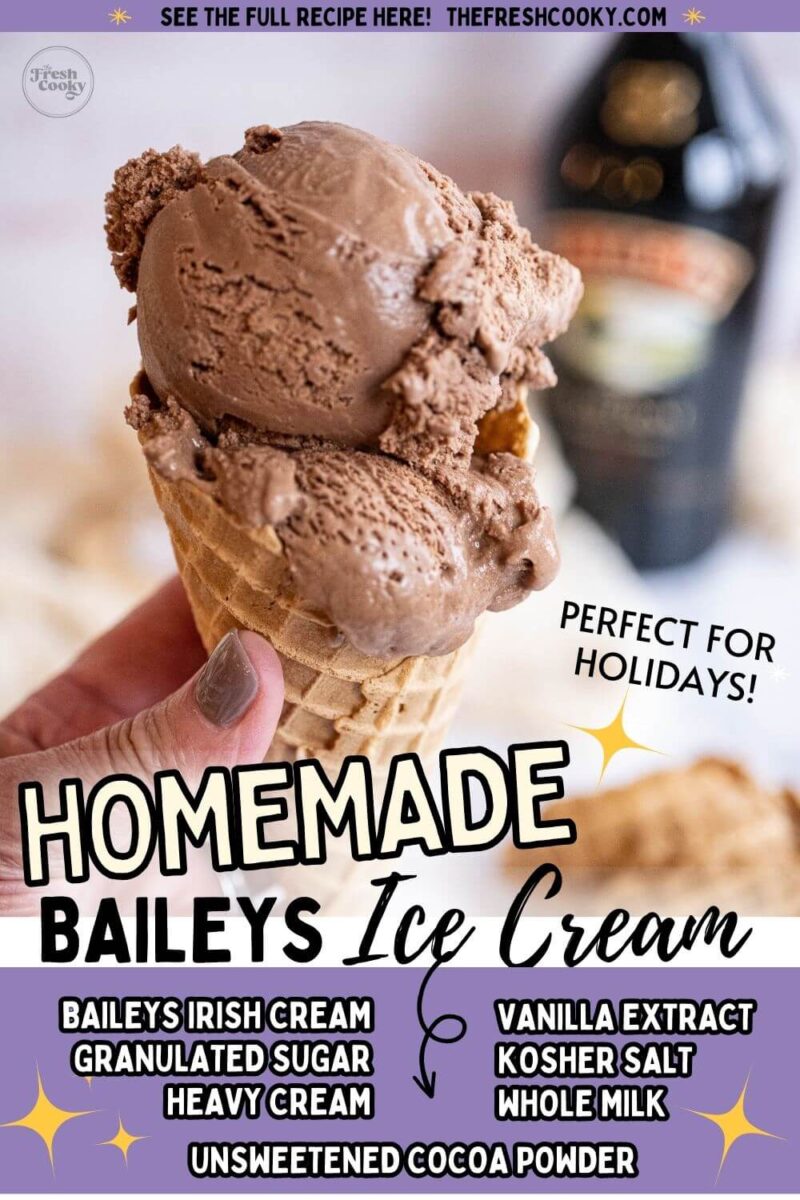 A hand is holding up an ice cream cone in front of a Baileys bottle, to pin.