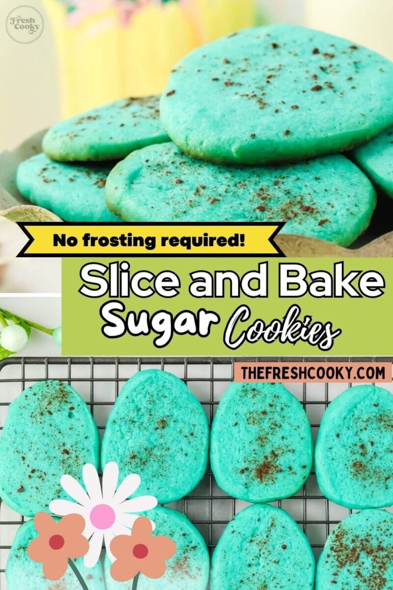 Bright blue egg-shaped cookies are stacked in a pile and also spread out on cooling rack, to pin.