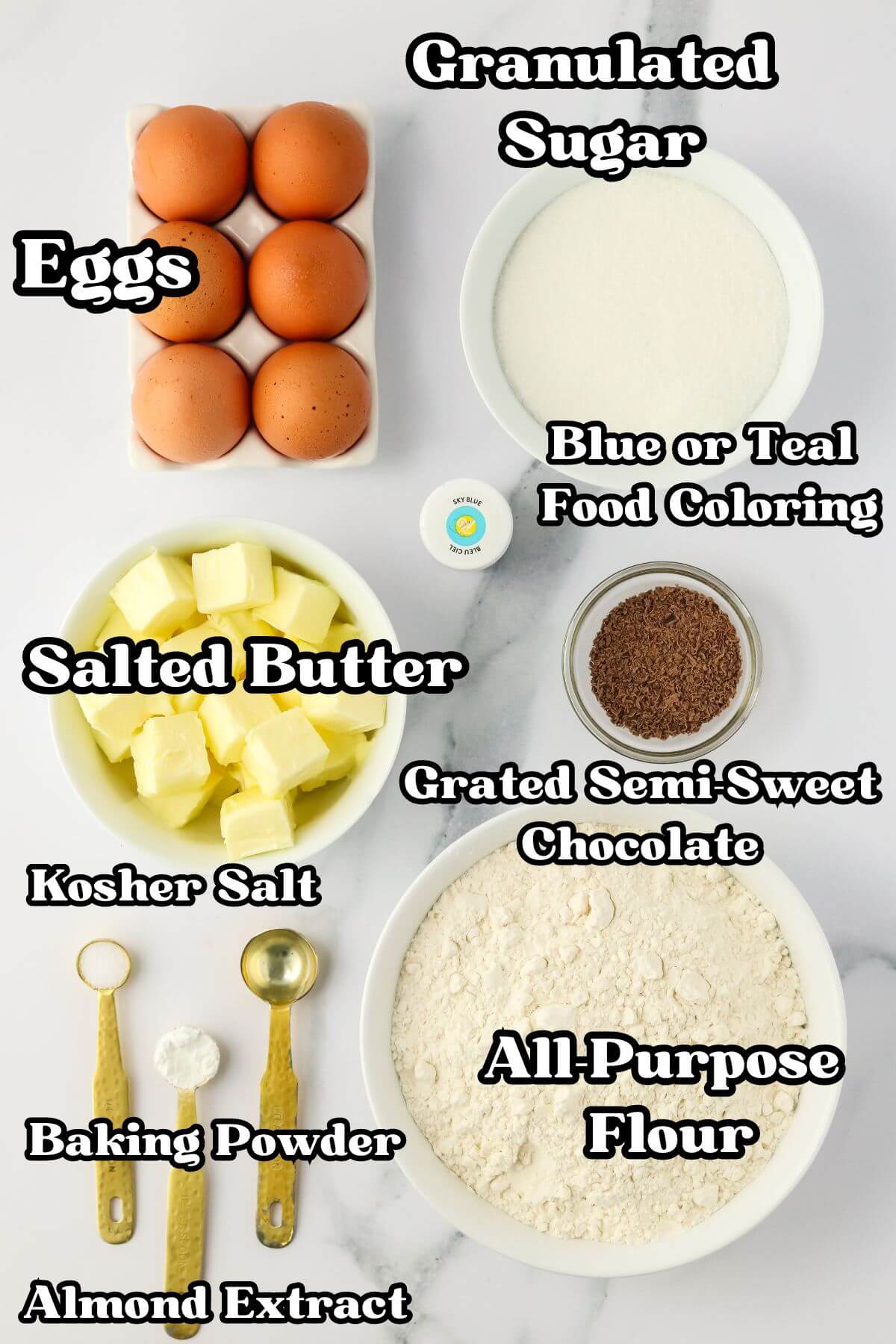 Labeled ingredients for Easter egg sugar cookies. 