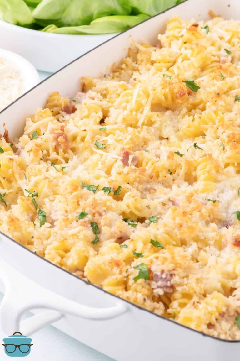 Ham and cheese casserole in a pretty serving dish.