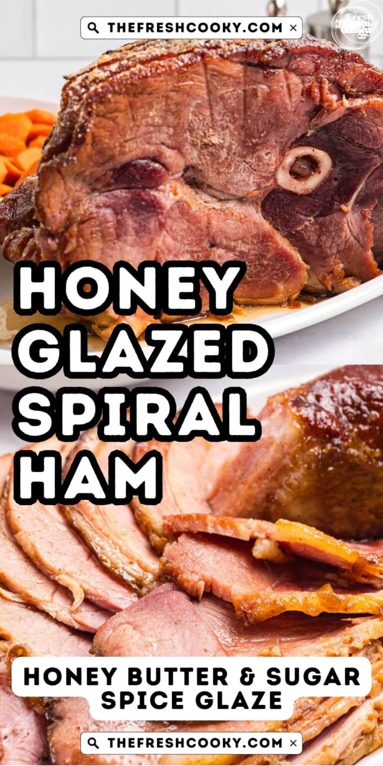 A honey glazed spiral sliced ham on a platter, whole and sliced, for serving, to pin.