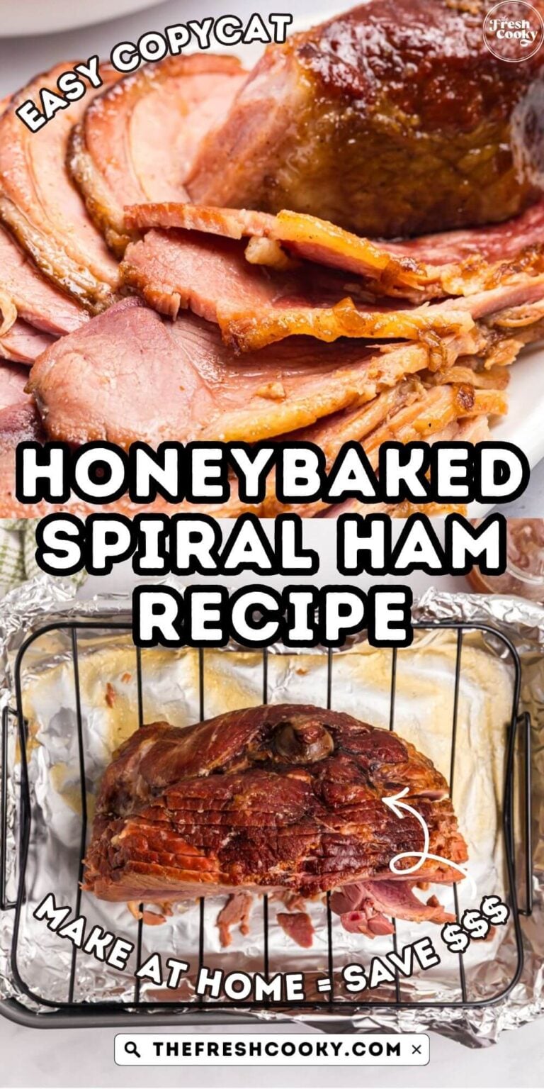 How to cook a spiral ham with a spiral cut ham on a platter and on a roasting rack in a pan, to pin.