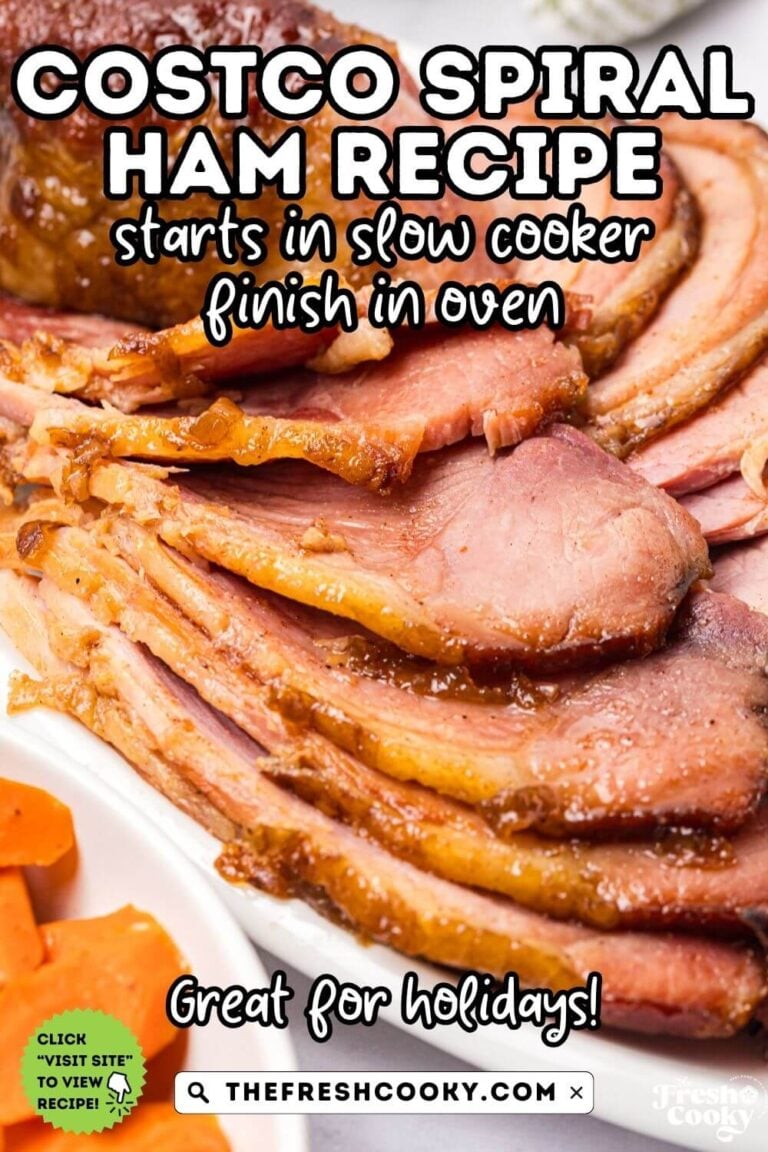 Sliced spiral glazed honey ham on a platter with vegetables nearby, for pinning.