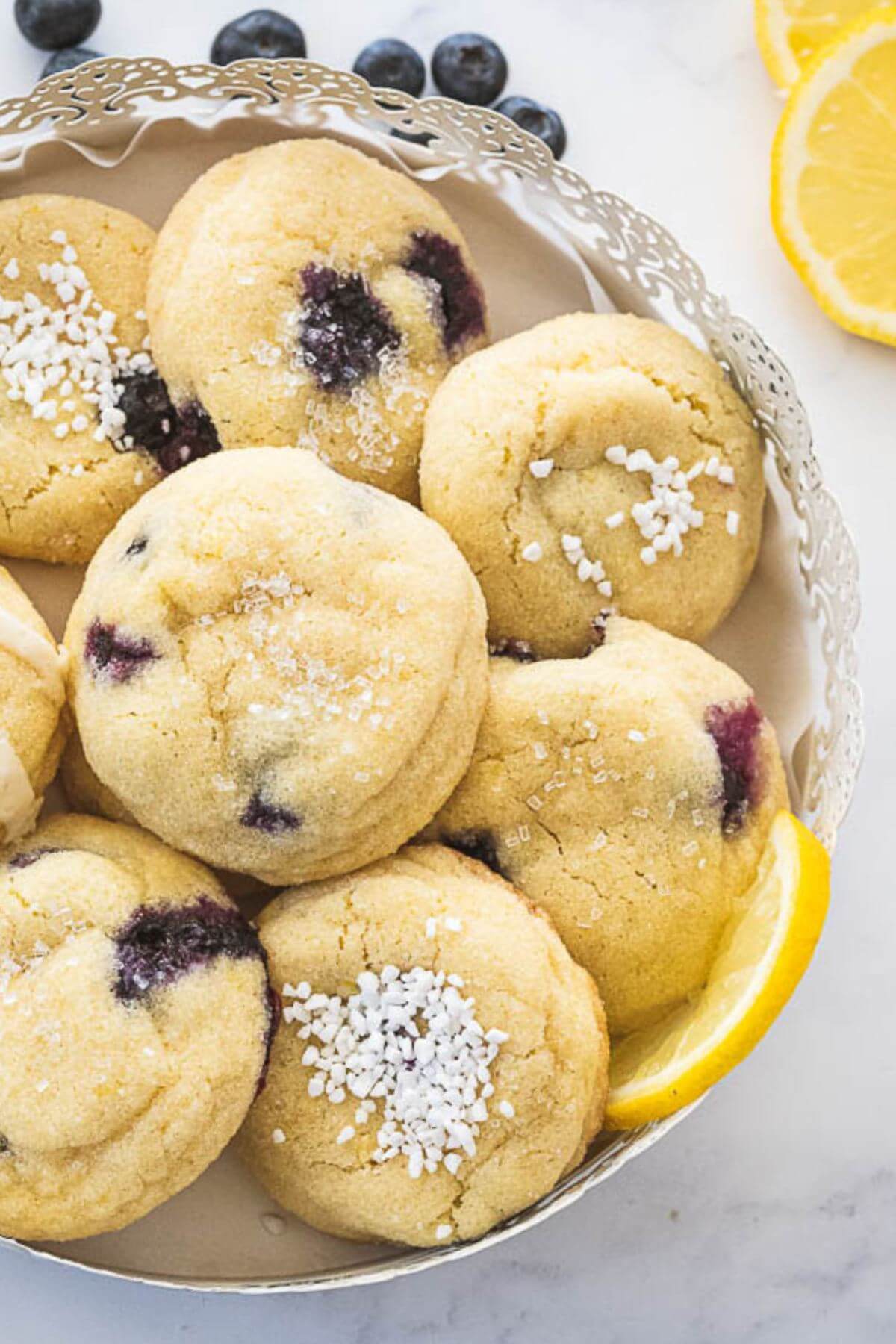 Lemon blueberry cookies in pretty serving platter. 