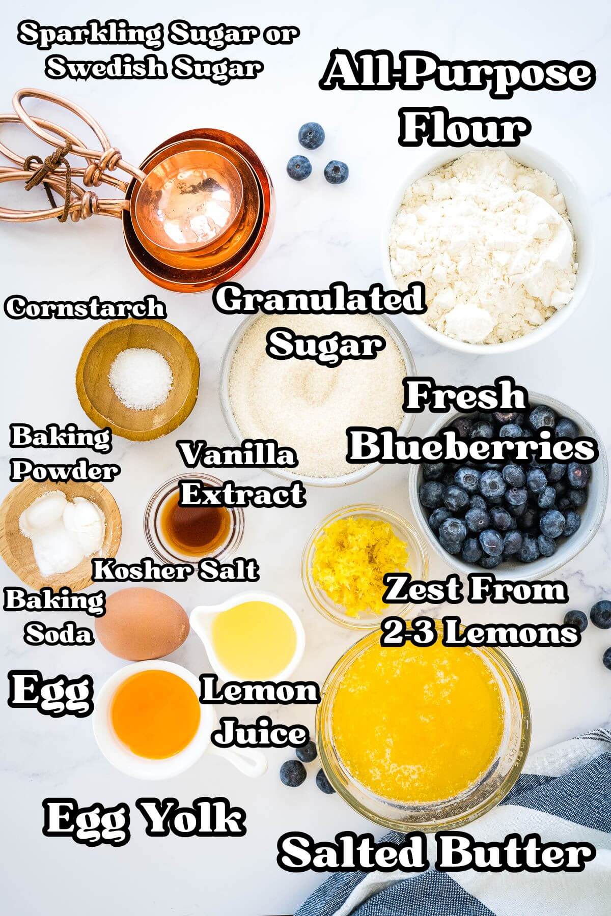 Labeled ingredients for blueberry lemon cookies.