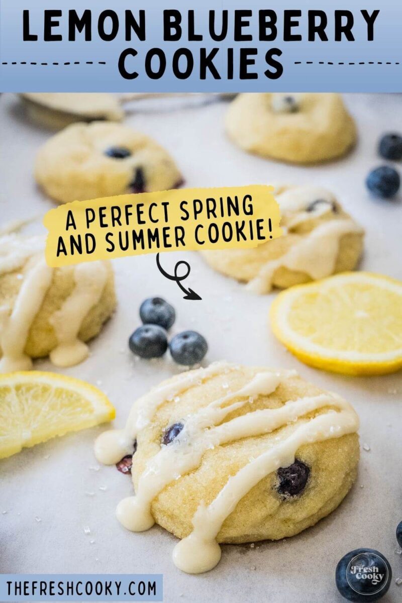 Lemon blueberry cookies on baking sheet, to pin.