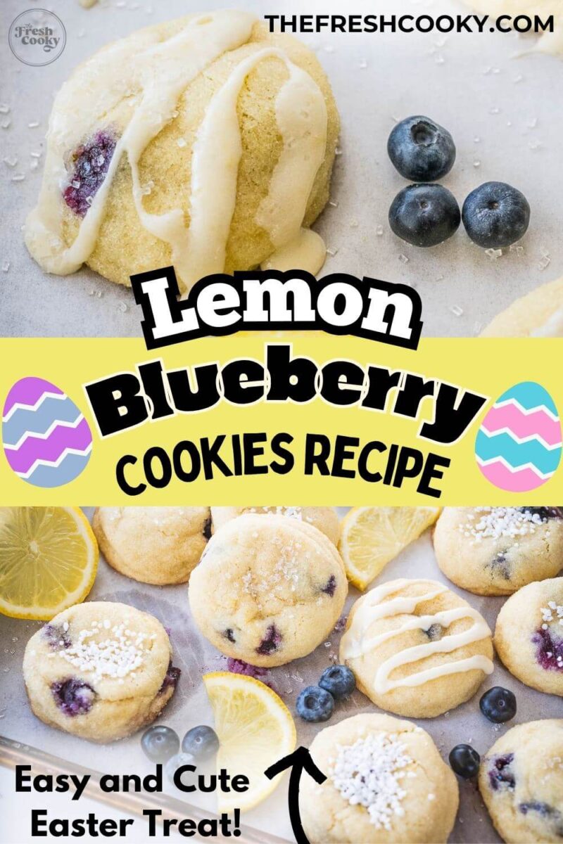 Lemon blueberry cookies recipe on sheet pan and single cookie drizzled in lemon glaze, to pin.