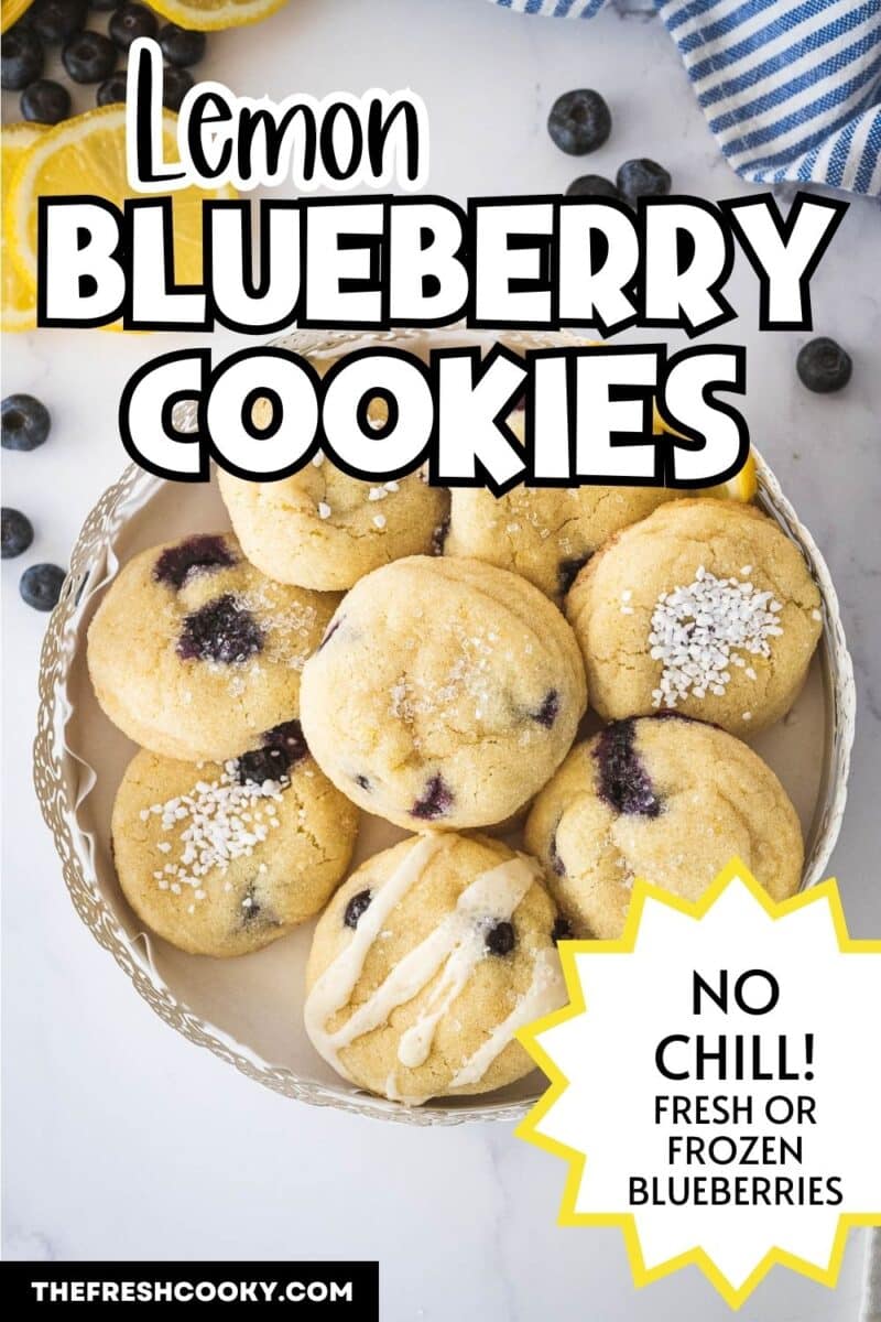 Lemon blueberry cookies on pretty serving platter, for pinning.