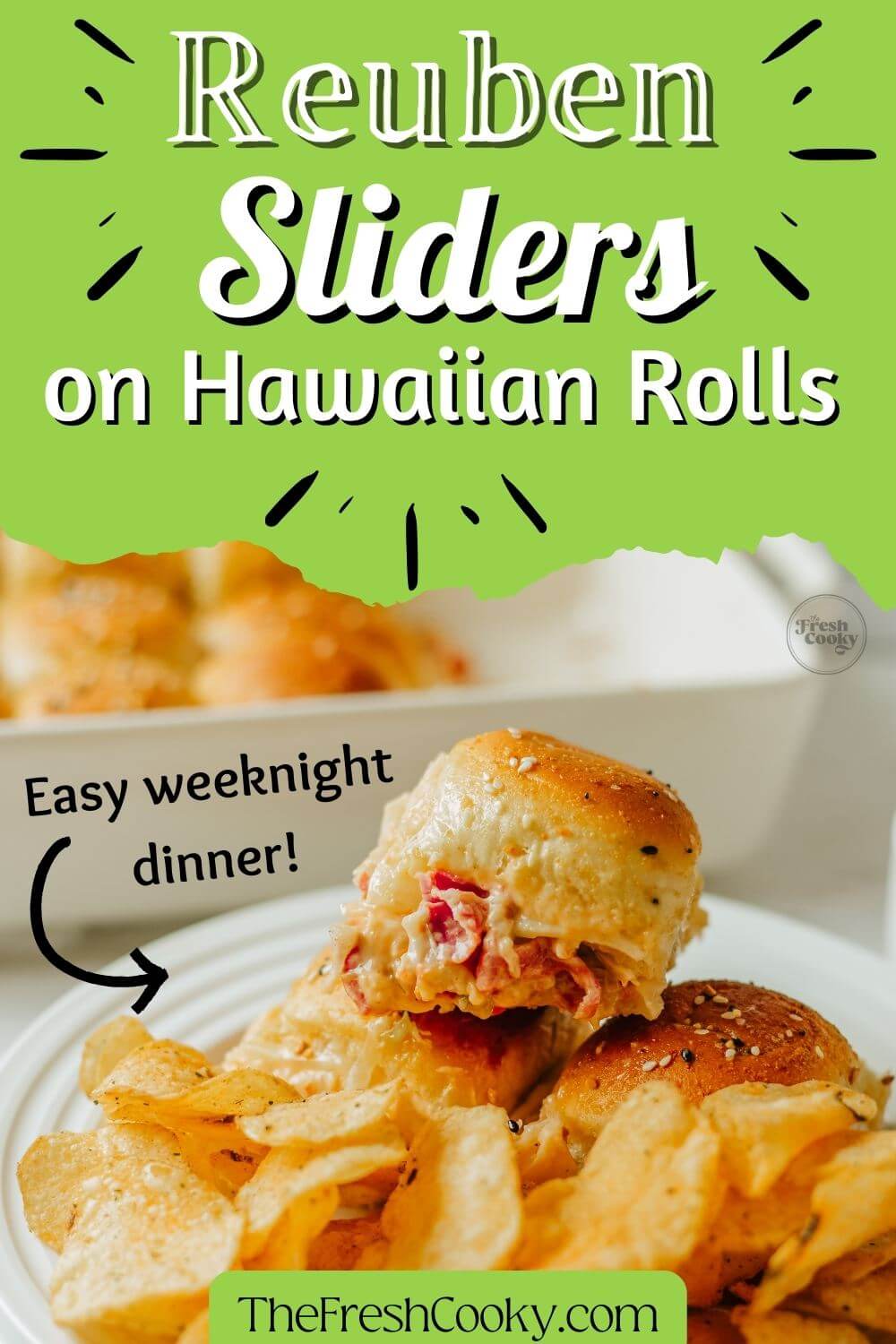 A pan of slider sandwiches on Hawaiian rolls is behind a plate with a stack of sliders, to pin.