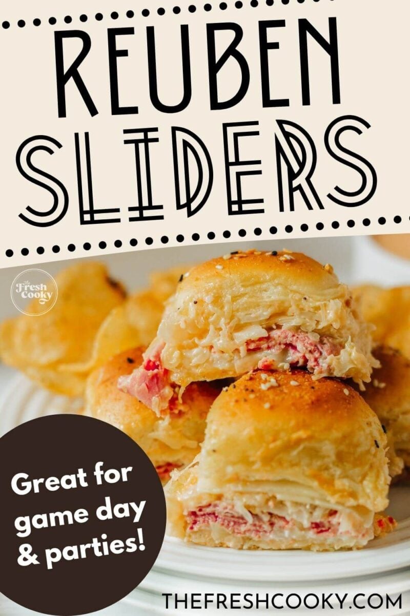 Meaty, cheesy sliders are stacked on top of each other on a plate with chips, to pin.