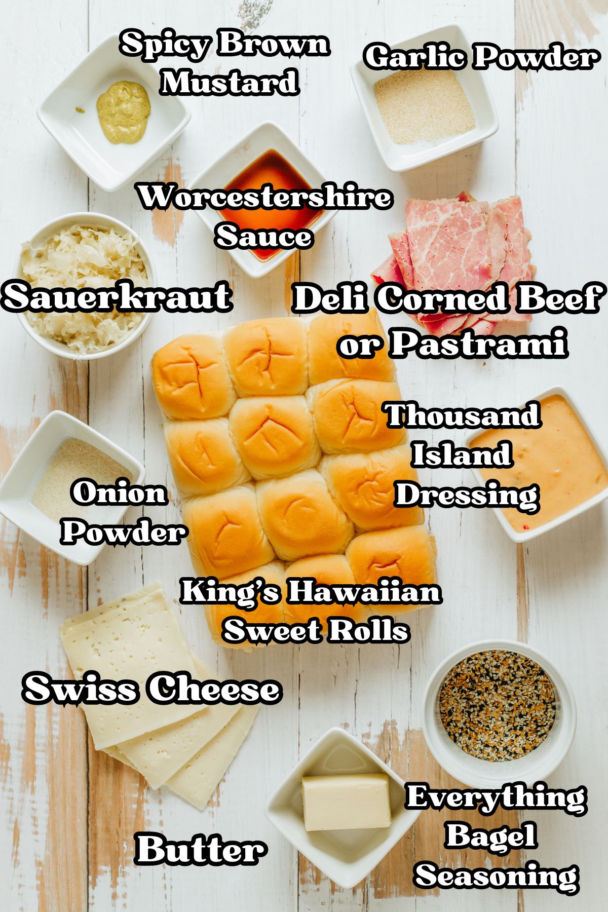 Labeled ingredients for Reuben sliders.