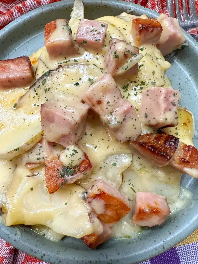 A serving of gooey cheesy au gratin potatoes with ham.