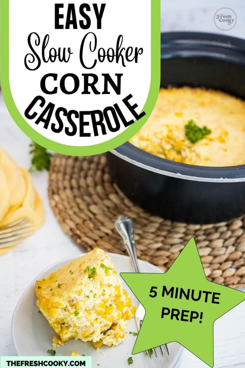 Crockpot filled with corn casserole and a serving on a plate, to pin.
