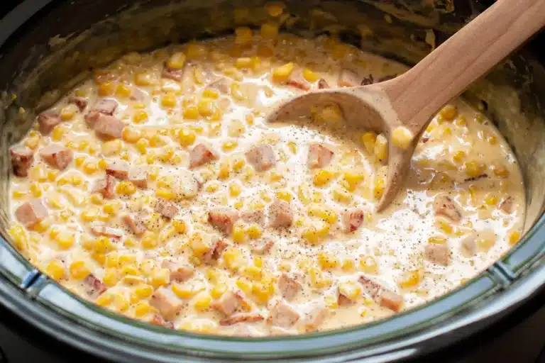 Kansas ham and cheese corn in a crockpot.