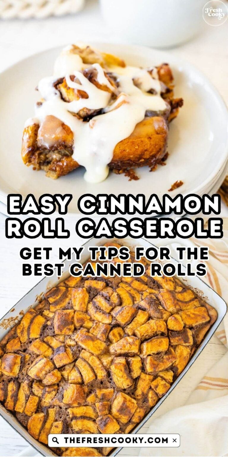 A serving of cinnamon roll casserole on a white plate with the baked casserole in a pan, to pin.
