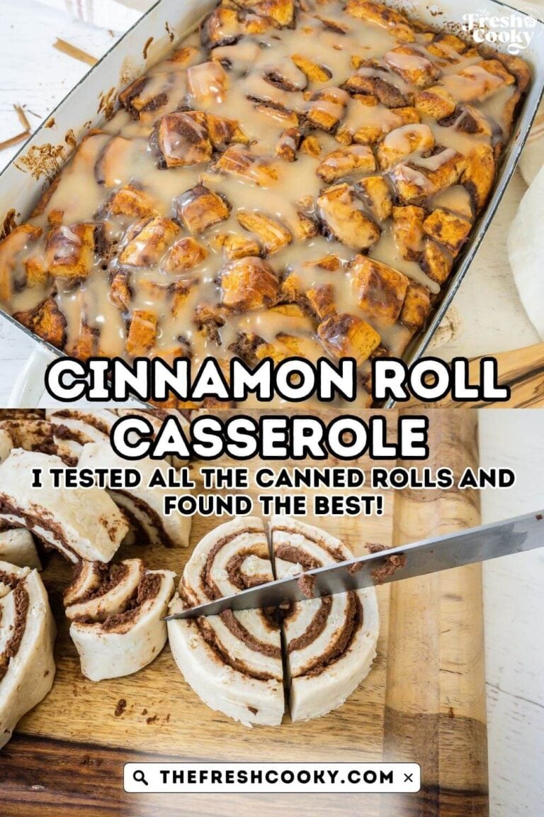 A pan of cooked cinnamon roll casserole and on the bottom a knife cutting canned cinnamon rolls into quarters, for pinning.