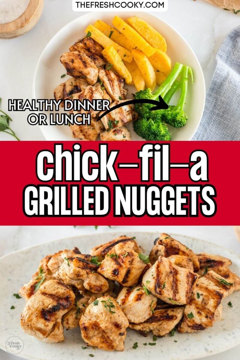 A plate full of grilled nuggets, copycat chick-fil-a recipe, for pinning.
