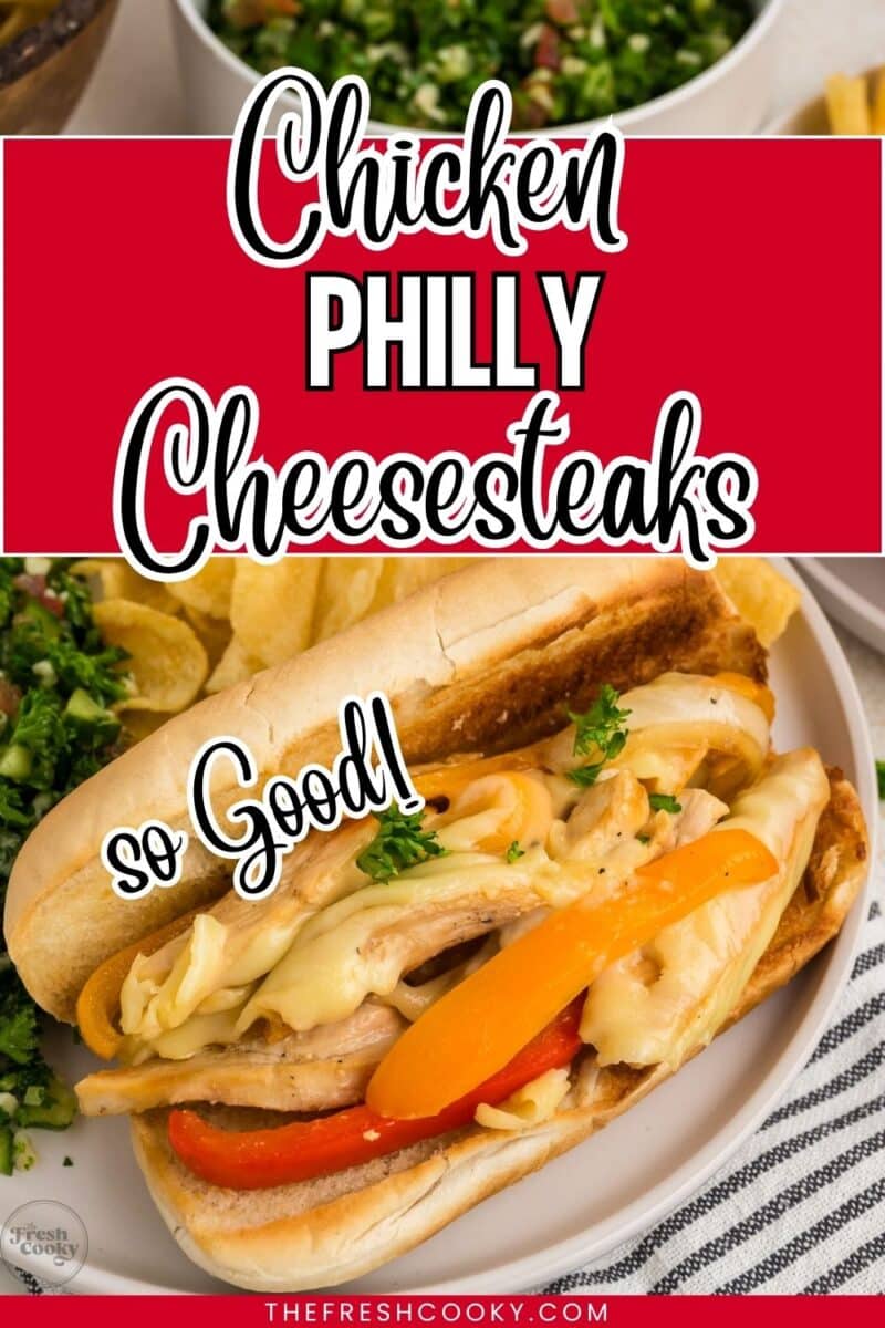 A plate with a loaded chicken philly cheesteak sandwich with potato chips on the side, for pinning.