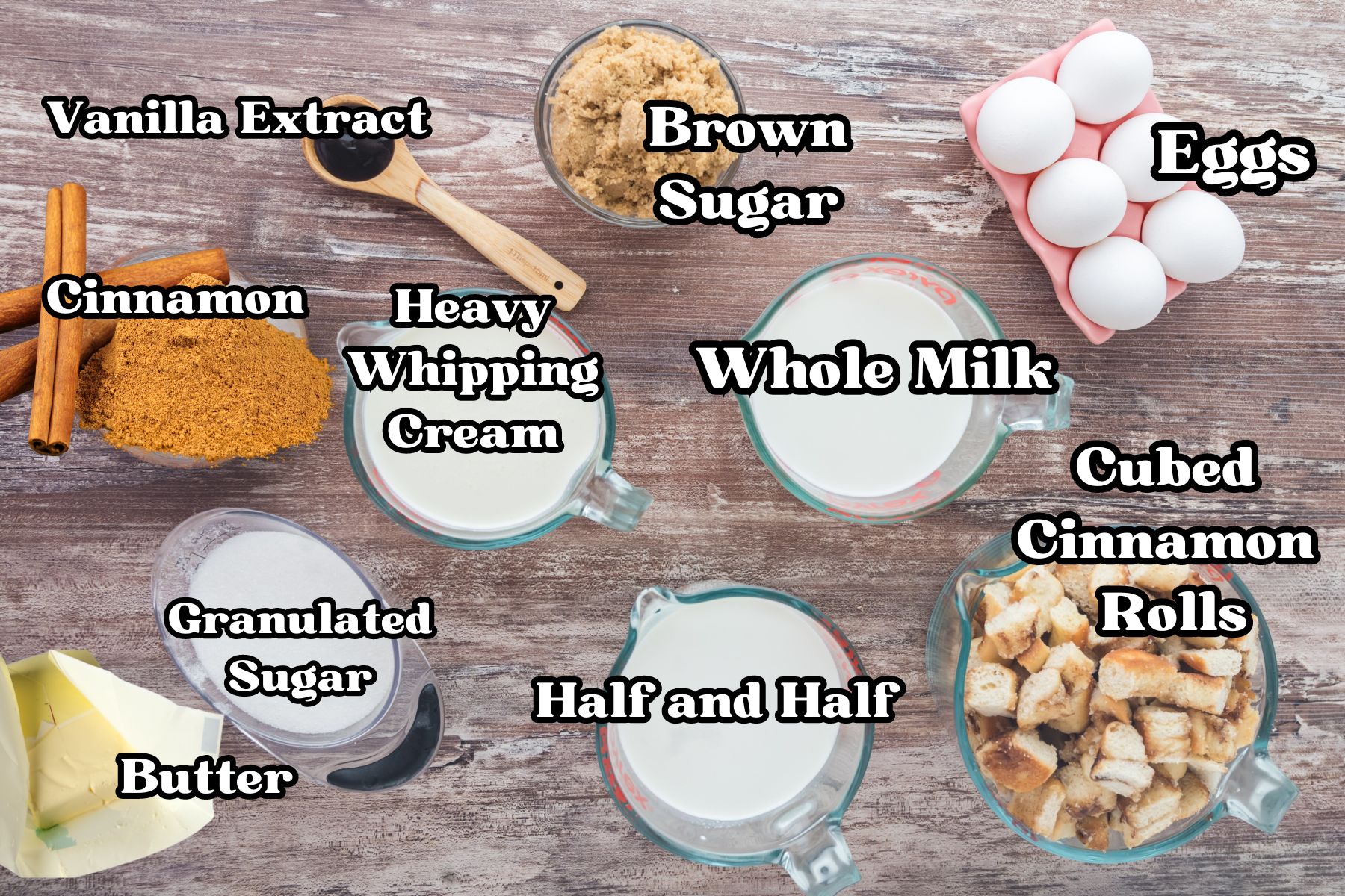 Cinnamon Roll Bread Pudding labeled ingredients.