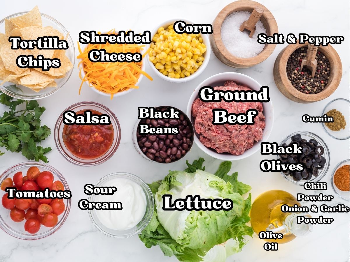 Layered Taco Salad labeled ingredients. 