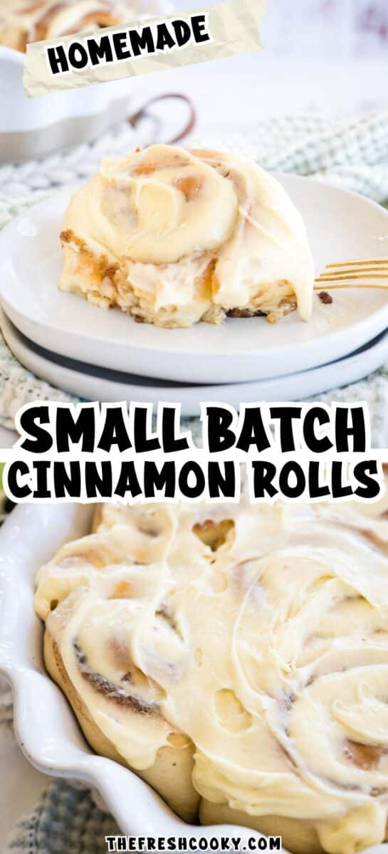 For pinning, a gooey cream cheese frosted cinnamon roll on a plate and in a pie plate with 6 soft rolls.