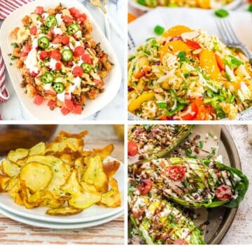 Tater tot nachos, asian pasta salad, air fryer potato chips and Romaine wedge salad a few sides to serve with Ham and Cheese Sliders.