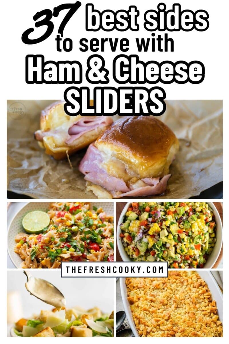 Ham and cheese sliders, with a side salad, side corn salad, pineapple casserole and pasta salad to pin.
