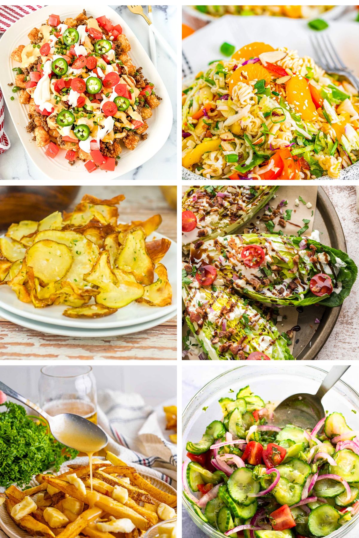 Tater tot nachos, asian pasta salad, potato chips, romaine wedge salad, Caesar salad and cucumber salad.