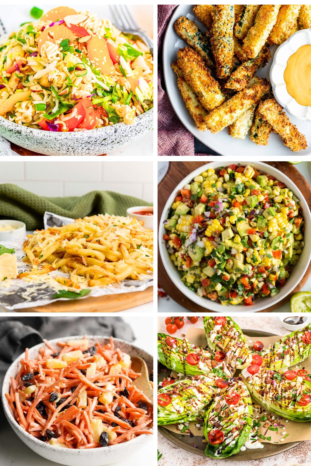 What to serve with ham and cheese sliders; asian pasta salad, zucchini fries, parmesan fries, corn salad, carrot and raisin salad and Romaine wedge salad.
