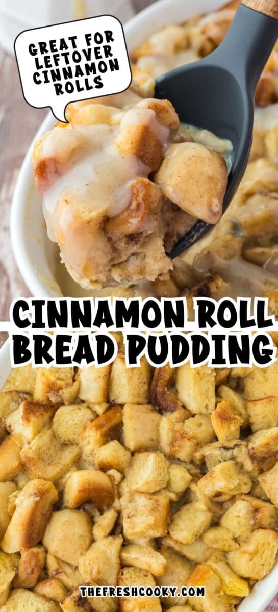 Spooning cinnamon roll bread pudding with vanilla butter sauce - to pin.