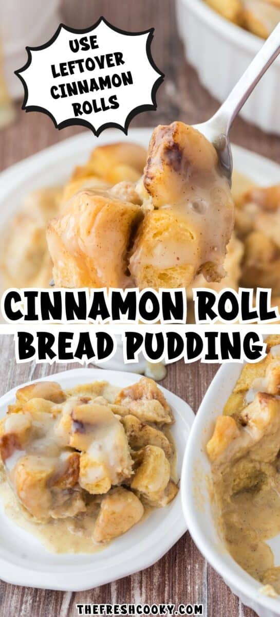 Serving a spoonful of cinnamon roll bread pudding and serving on a plate, to pin.