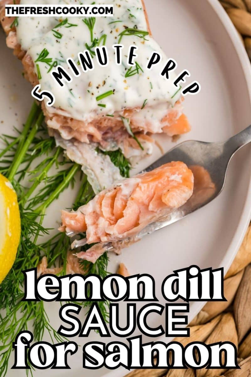 Lemon dill sauce spread on piece of cooked salmon for pinning.