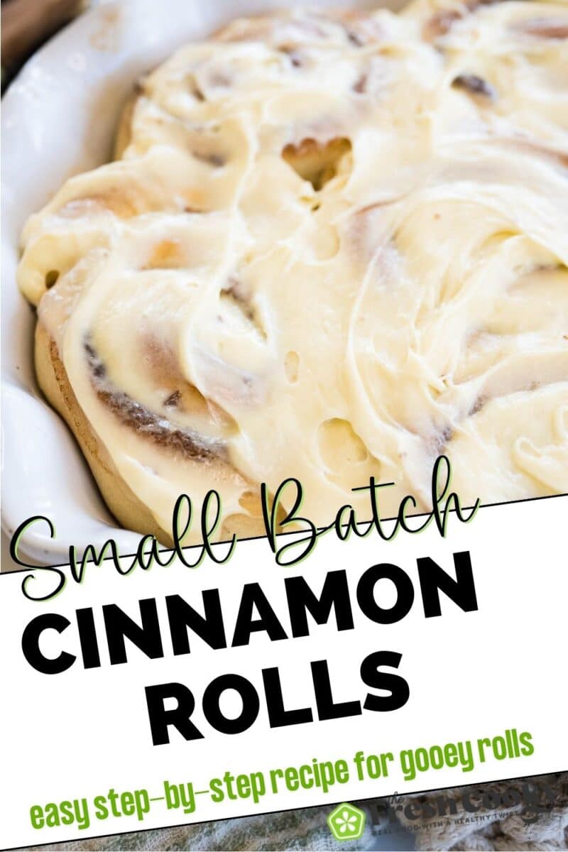 A close up of a pan full of soft, fluffy small batch cinnamon rolls to pin.