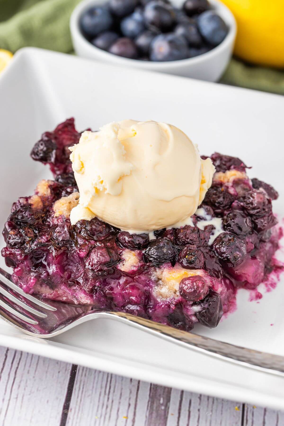 A white melty blob of creamy ice cream tops a piece of baked bluerry dessert.