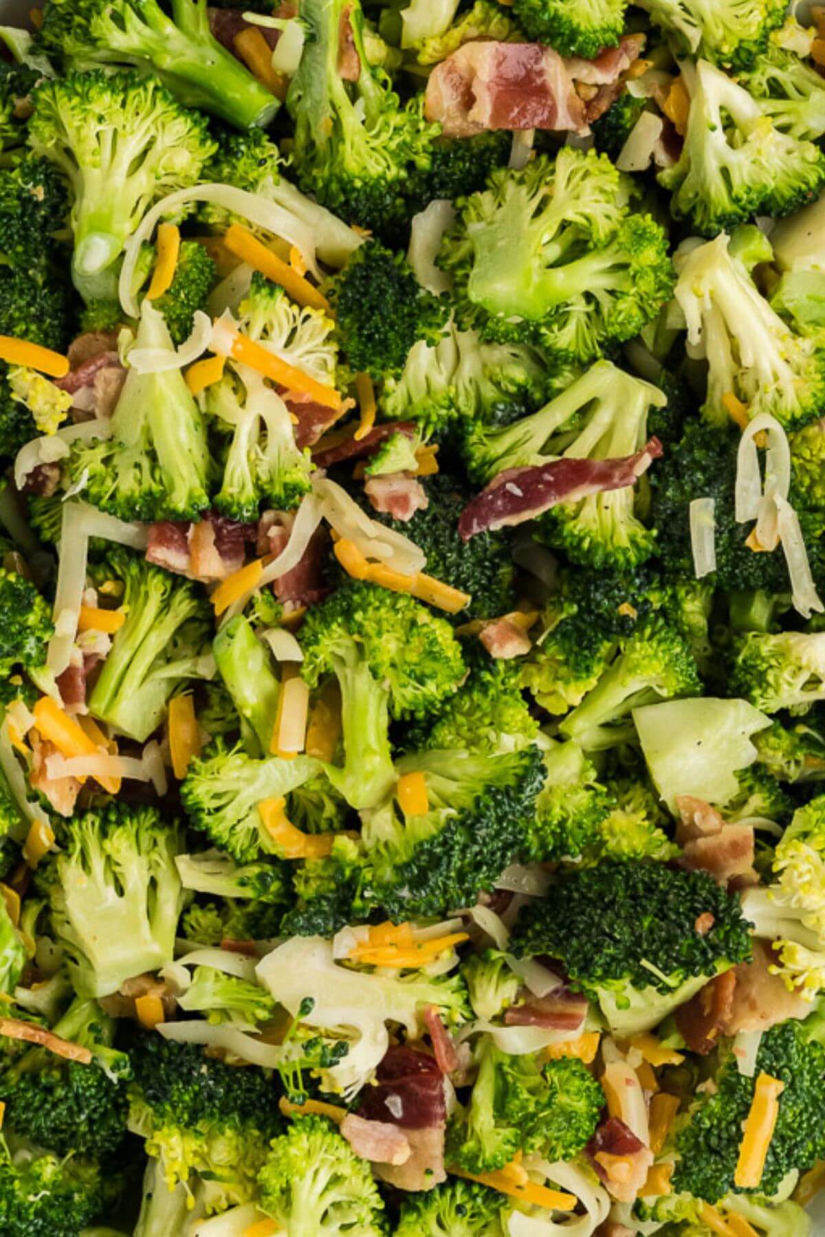 Bite sized florets of broccoli, grated white and yellow cheese, and hunks of bacon are shown up close for texture.
