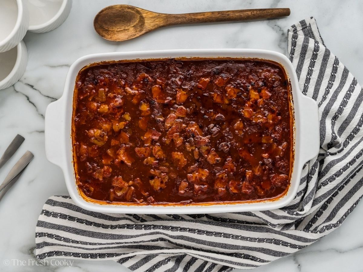 Cowboy Baked Beans after baking with crispy bacon on top. 