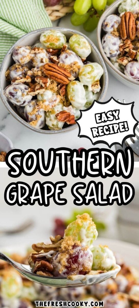 Bowls of mixed grapes and a sweet dressing sit near a spoonful of grape salad in the air, to pin.