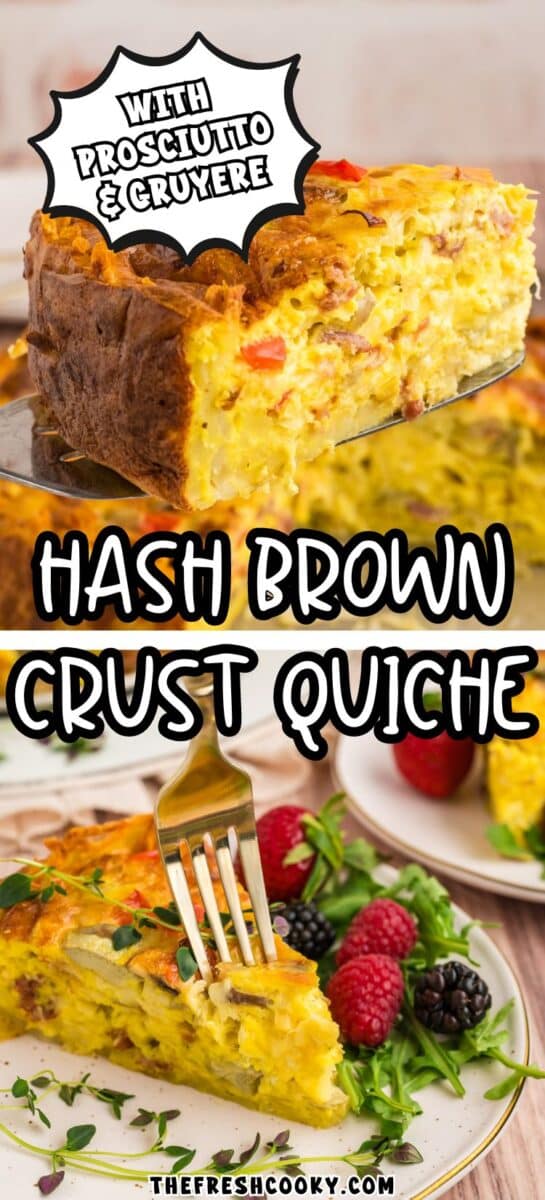 Someone serving a slice of hash brown quiche and on a plate with a fork, for pinning.